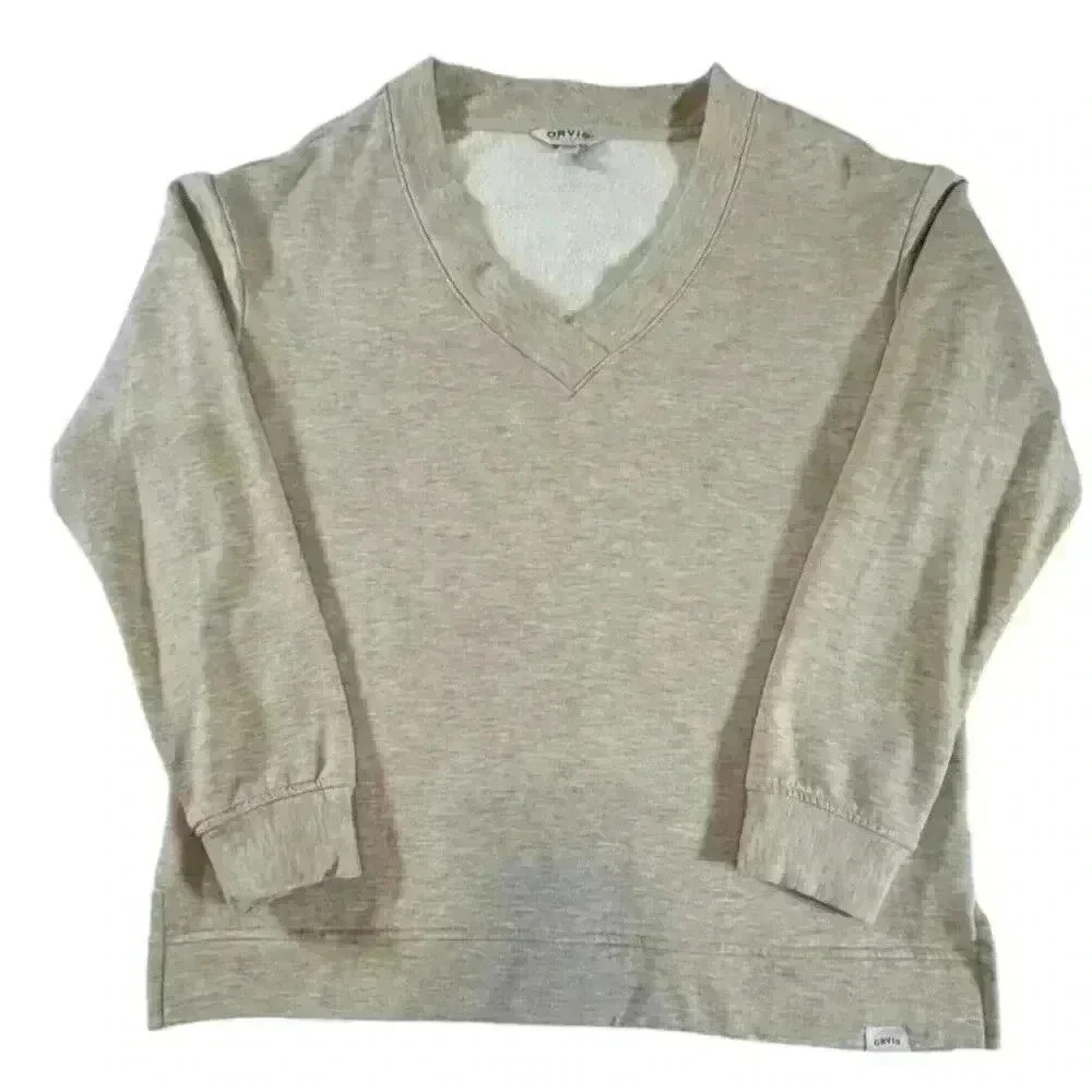 Orvis Women's Oatmeal V-Neck Dropped Shoulders Sweatshirt SIZE-SMALL